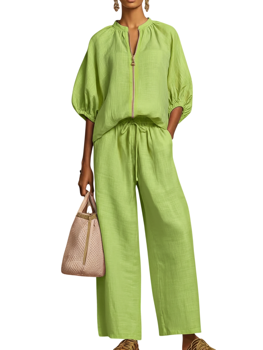 Stylish Cozy Shirt Wide-Leg Pants Linen Cotton Two-Piece Set