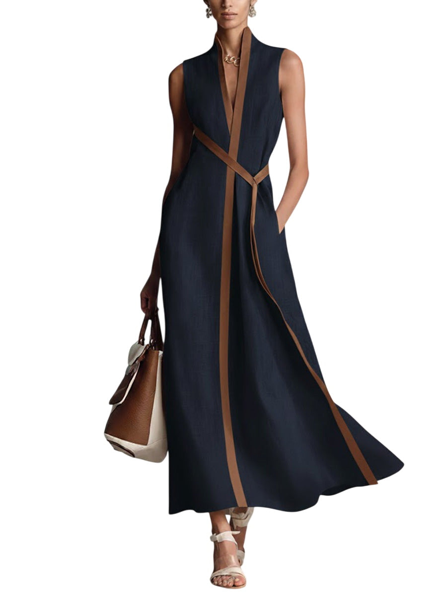 Women’s Stand-Up Collar Sleeveless Casual Loose Cotton and Linen Dress