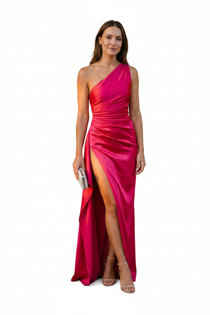 Ruched Satin One-Shoulder Maxi Gown