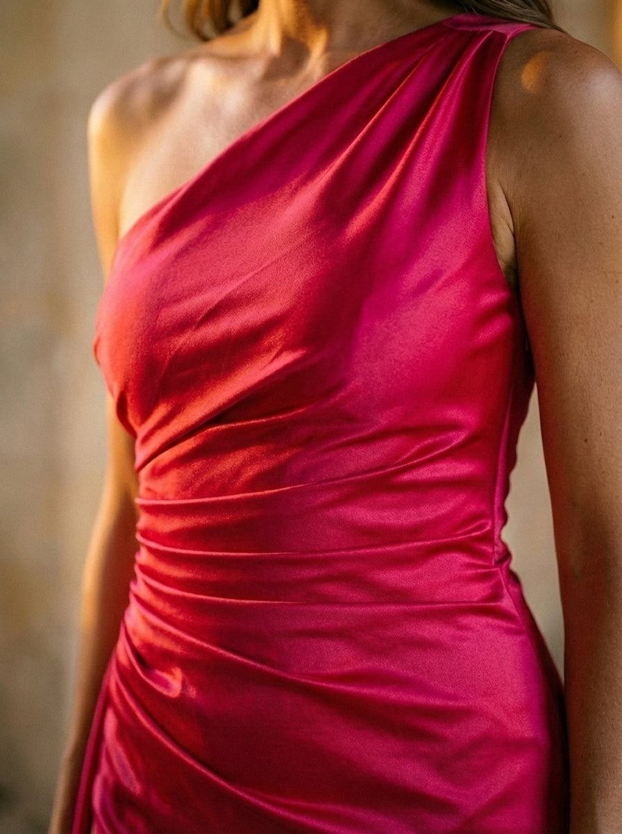 Ruched Satin One-Shoulder Maxi Gown
