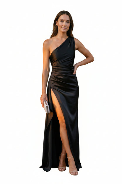 Ruched Satin One-Shoulder Maxi Gown