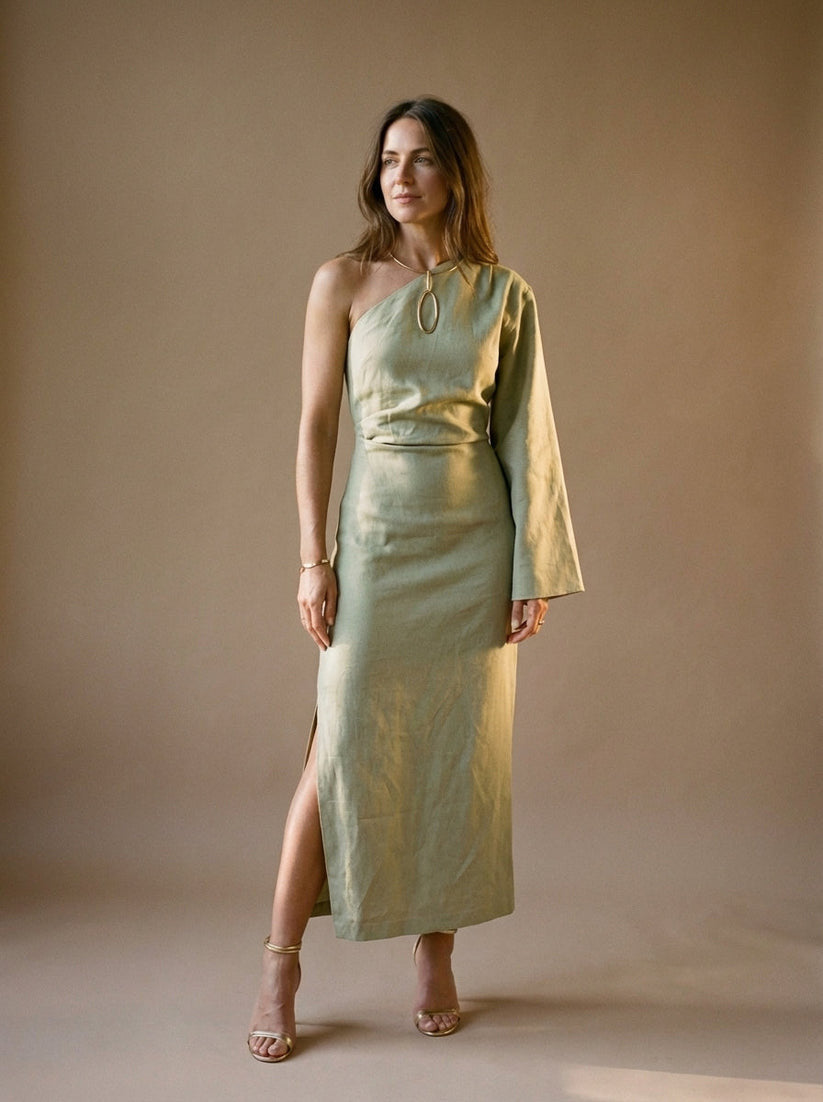Draped One-Shoulder Linen Maxi Dress