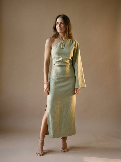 Draped One-Shoulder Linen Maxi Dress
