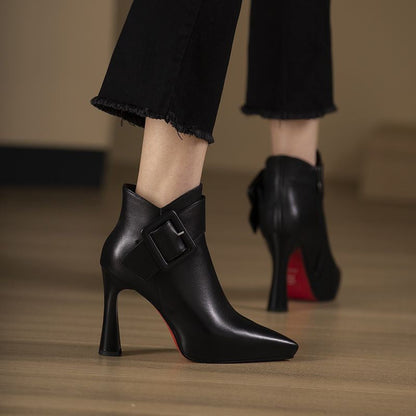 Leather Buckle Ankle Boots with Flared Heel
