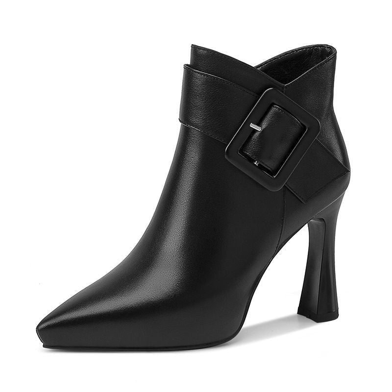 Leather Buckle Ankle Boots with Flared Heel
