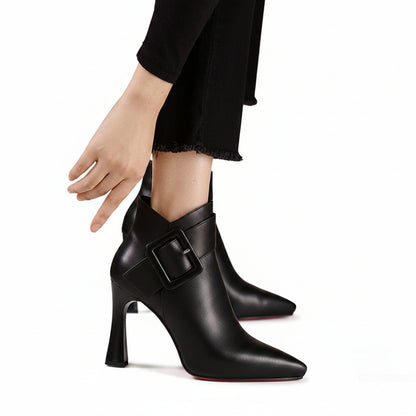 Leather Buckle Ankle Boots with Flared Heel