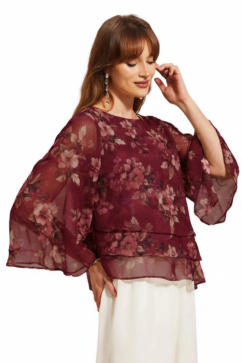 Chiffon Lace Layered Bell-Sleeve Top