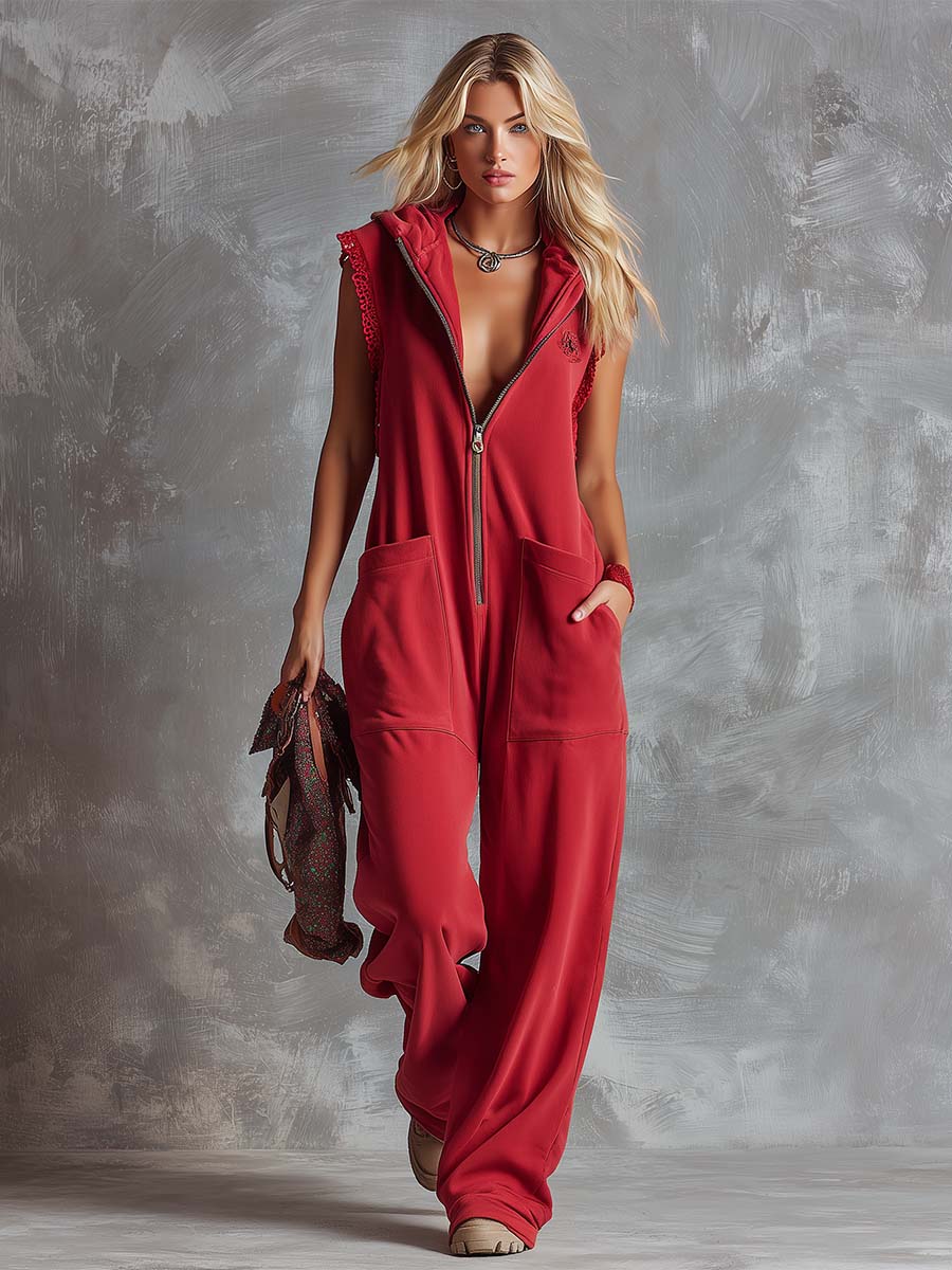 Sporty Hooded V-Neck Jumpsuit with Zipper