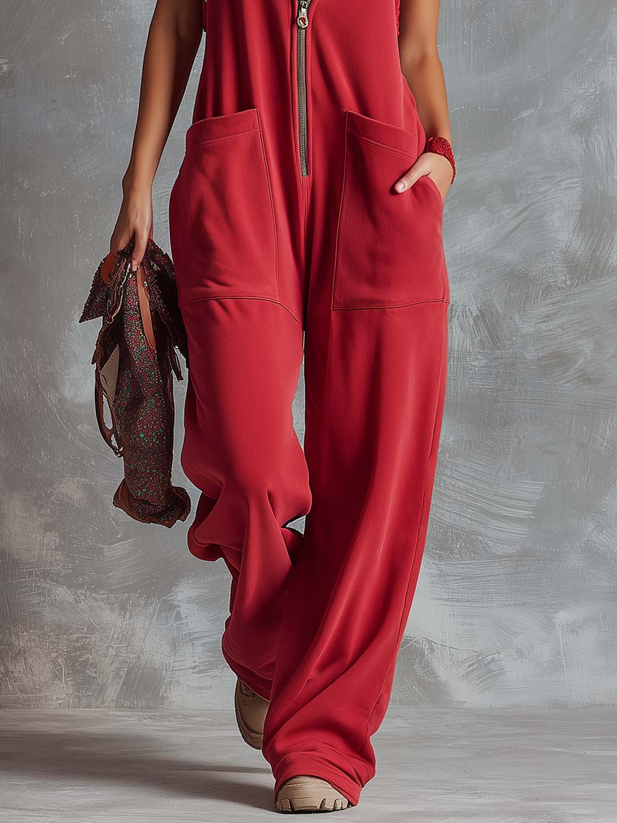 Sporty Hooded V-Neck Jumpsuit with Zipper