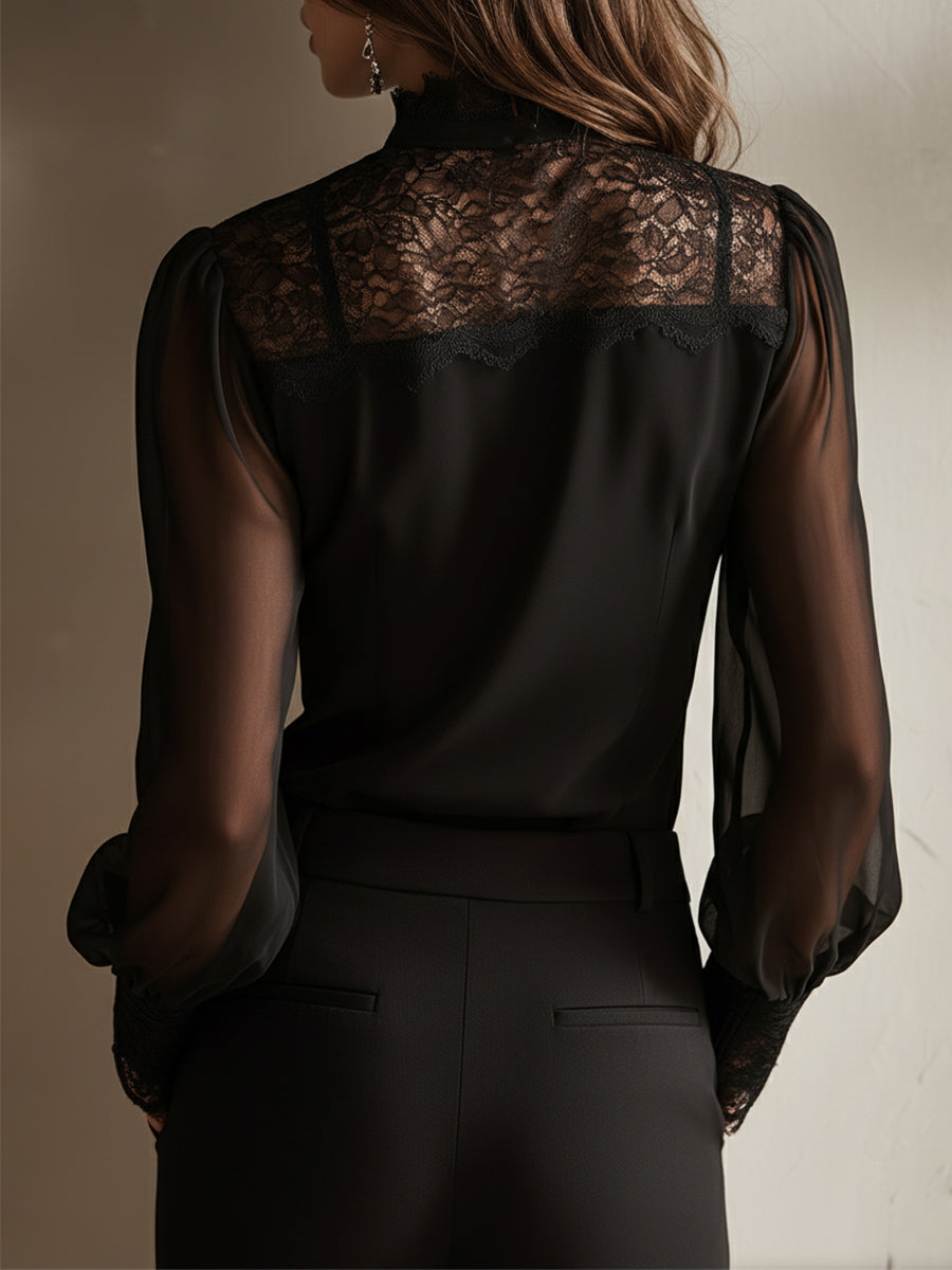 Chic Retro Elegant Lace Tie Neck Chiffon Blouse