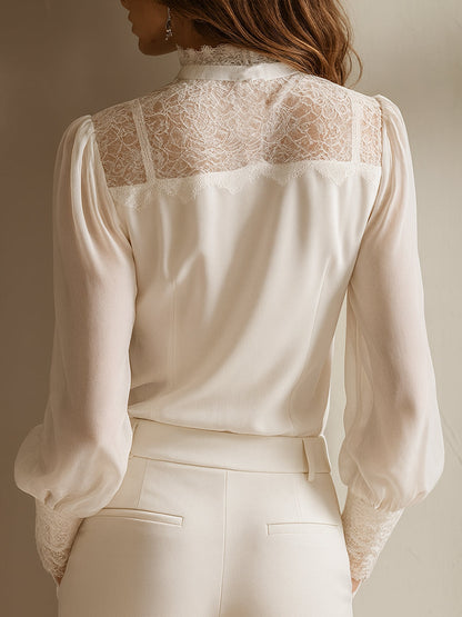 Chic Retro Elegant Lace Tie Neck Chiffon Blouse