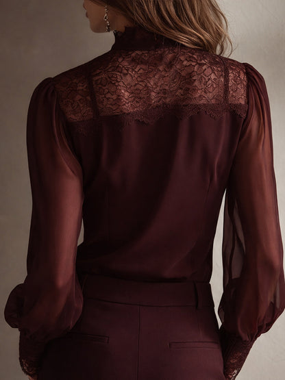 Chic Retro Elegant Lace Tie Neck Chiffon Blouse