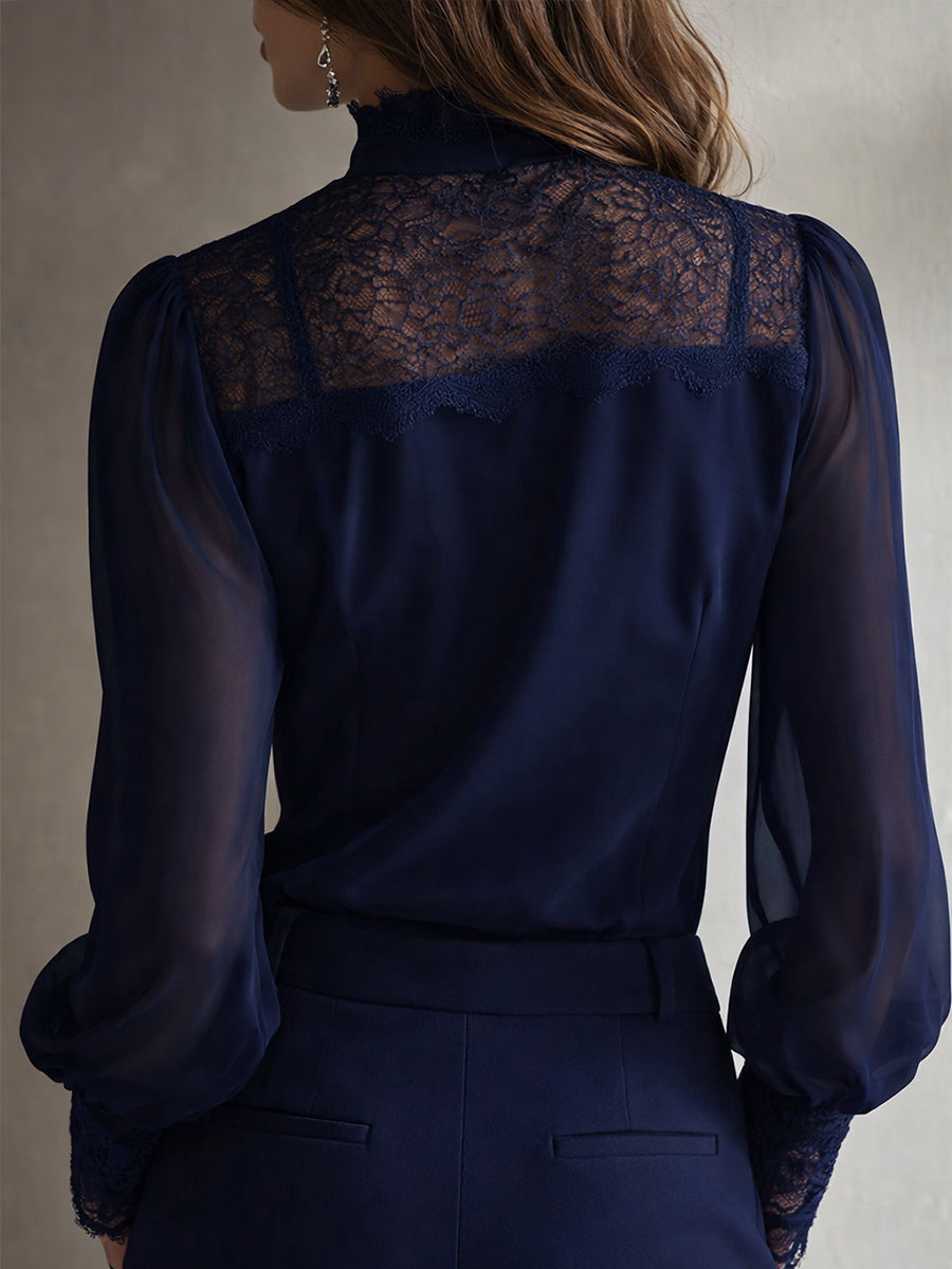 Chic Retro Elegant Lace Tie Neck Chiffon Blouse