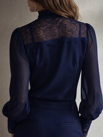 Chic Retro Elegant Lace Tie Neck Chiffon Blouse