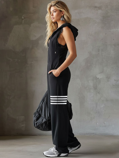 Sporty Retro Sleeveless Hooded Jumpsuit