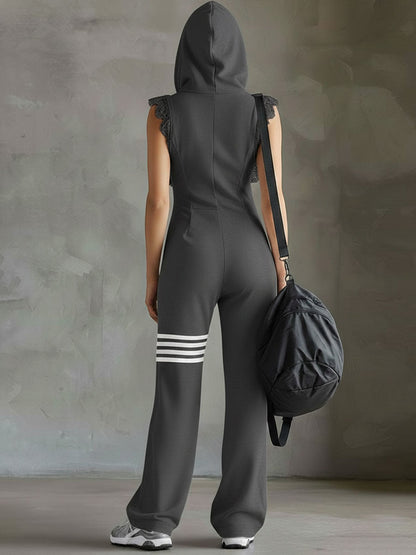 Sporty Retro Sleeveless Hooded Jumpsuit
