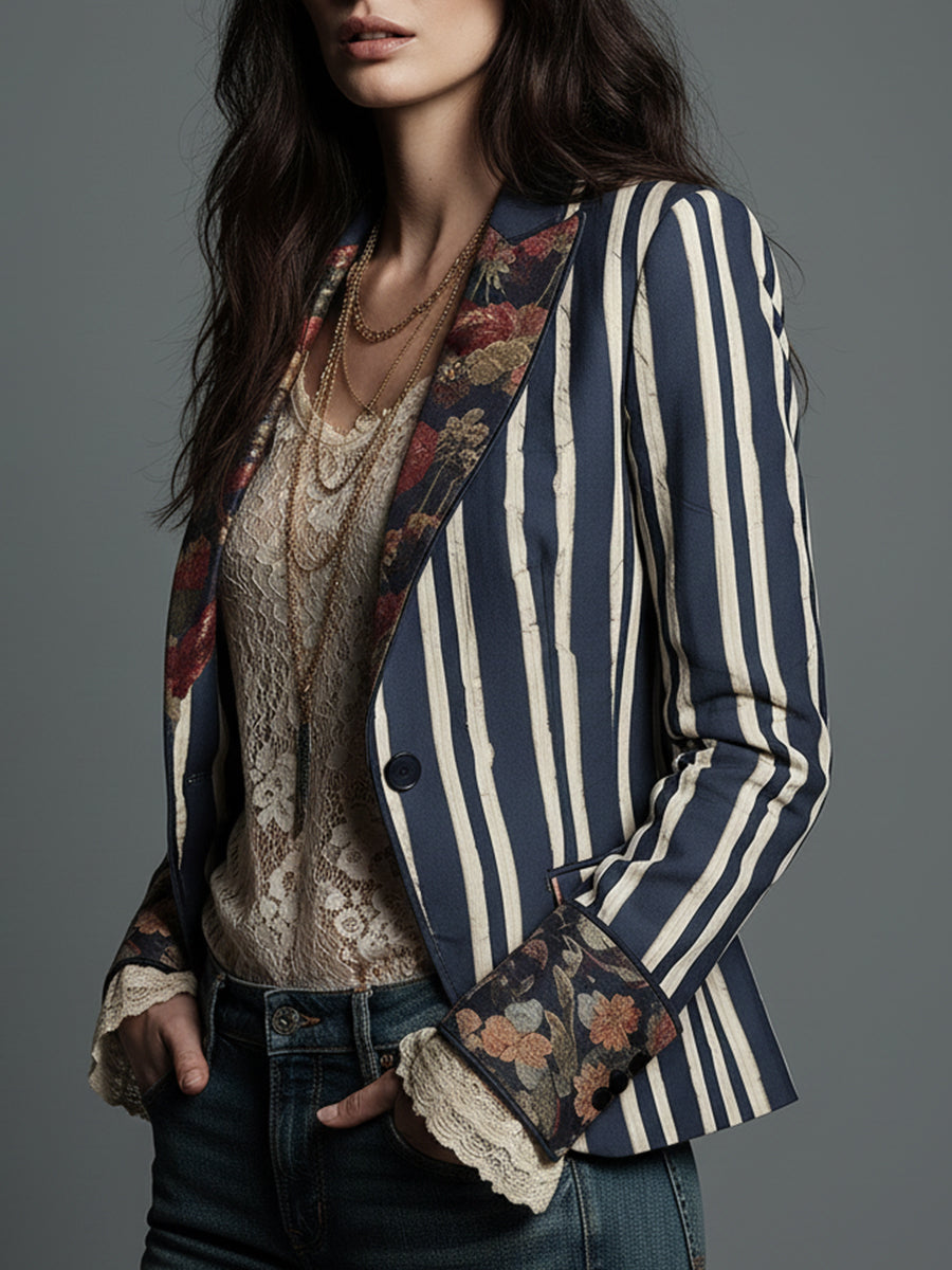 Artistic Floral Striped Blazer