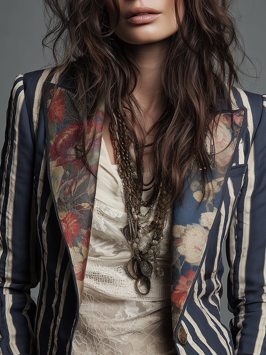 Artistic Floral Striped Blazer