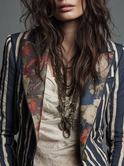 Artistic Floral Striped Blazer
