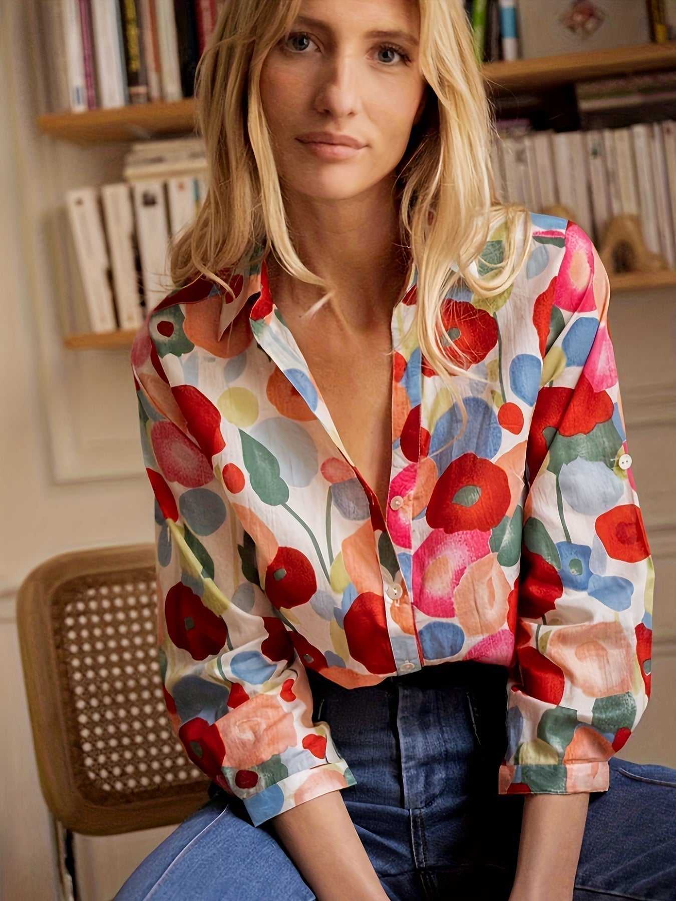 Women's Floral Print Button-Down Long Sleeve Blouse