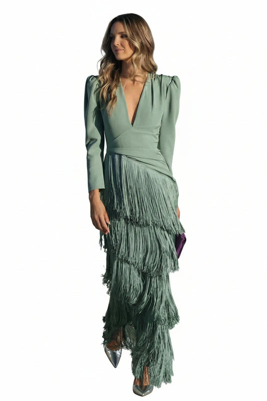Graceful Fringe-Sleeve Evening Gown