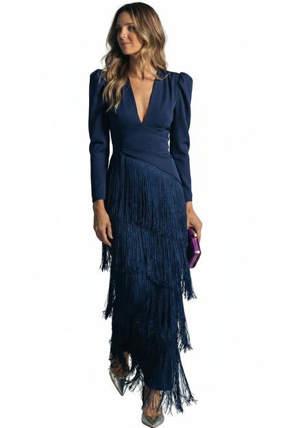 Graceful Fringe-Sleeve Evening Gown