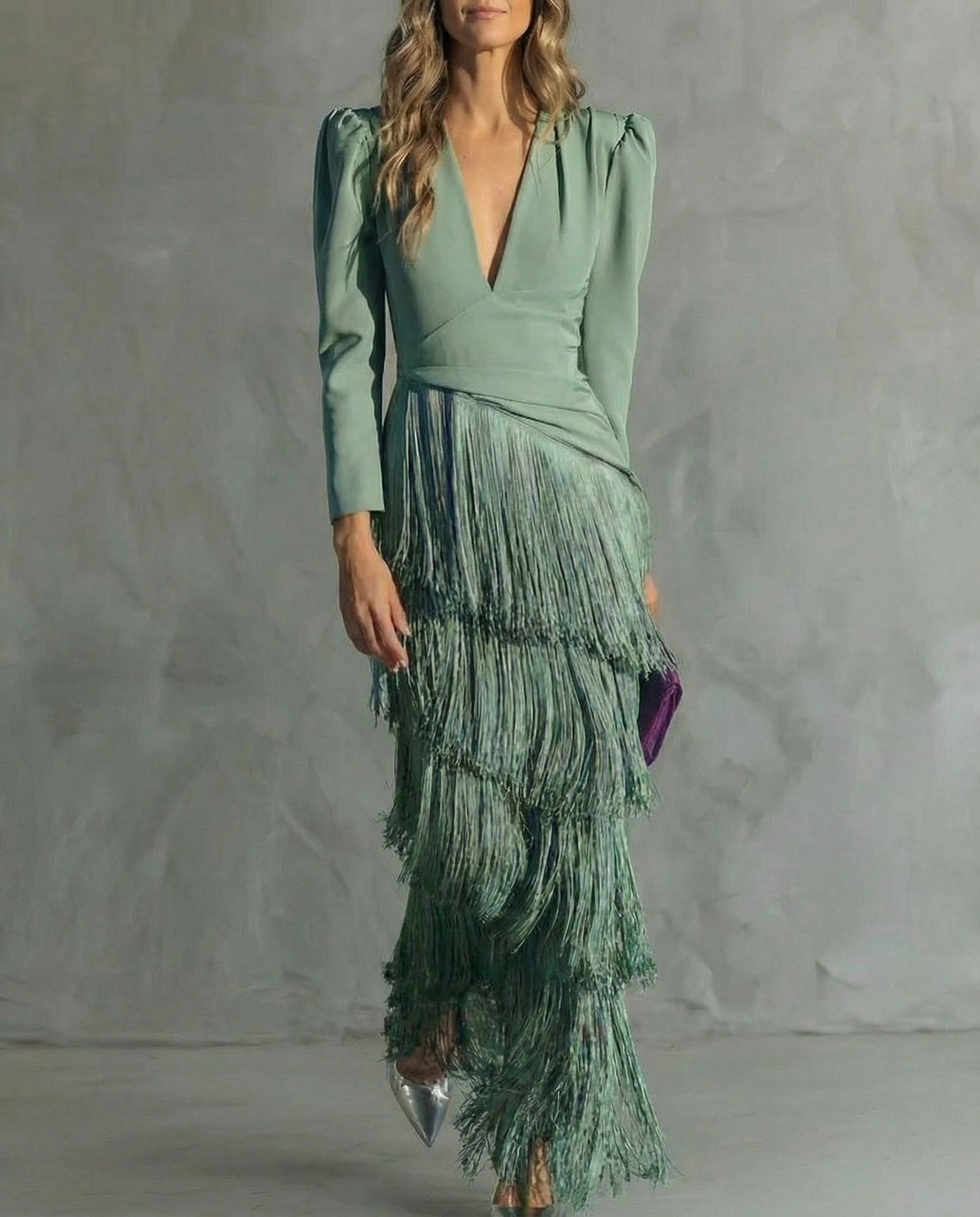 Graceful Fringe-Sleeve Evening Gown