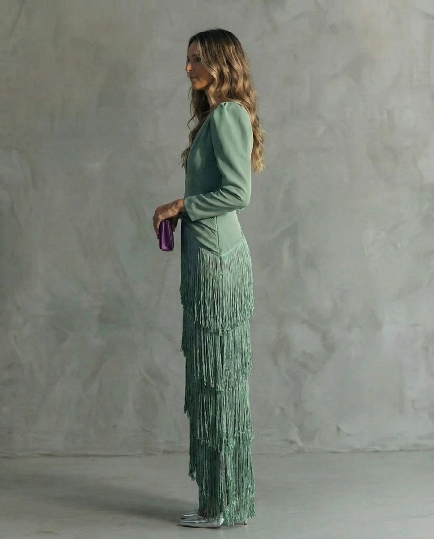 Graceful Fringe-Sleeve Evening Gown