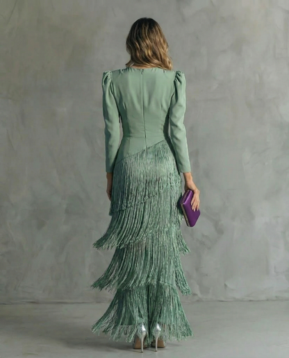 Graceful Fringe-Sleeve Evening Gown