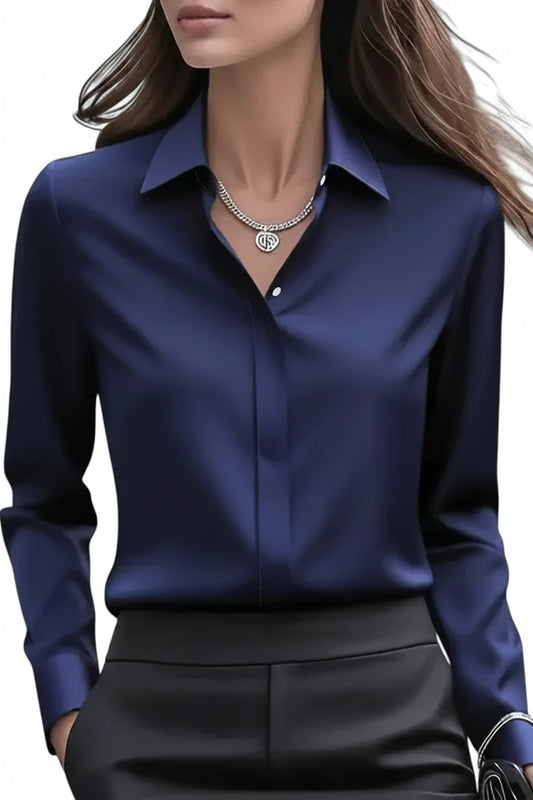 Women's Navy Satin Button-Down Blouse with Concealed Placket