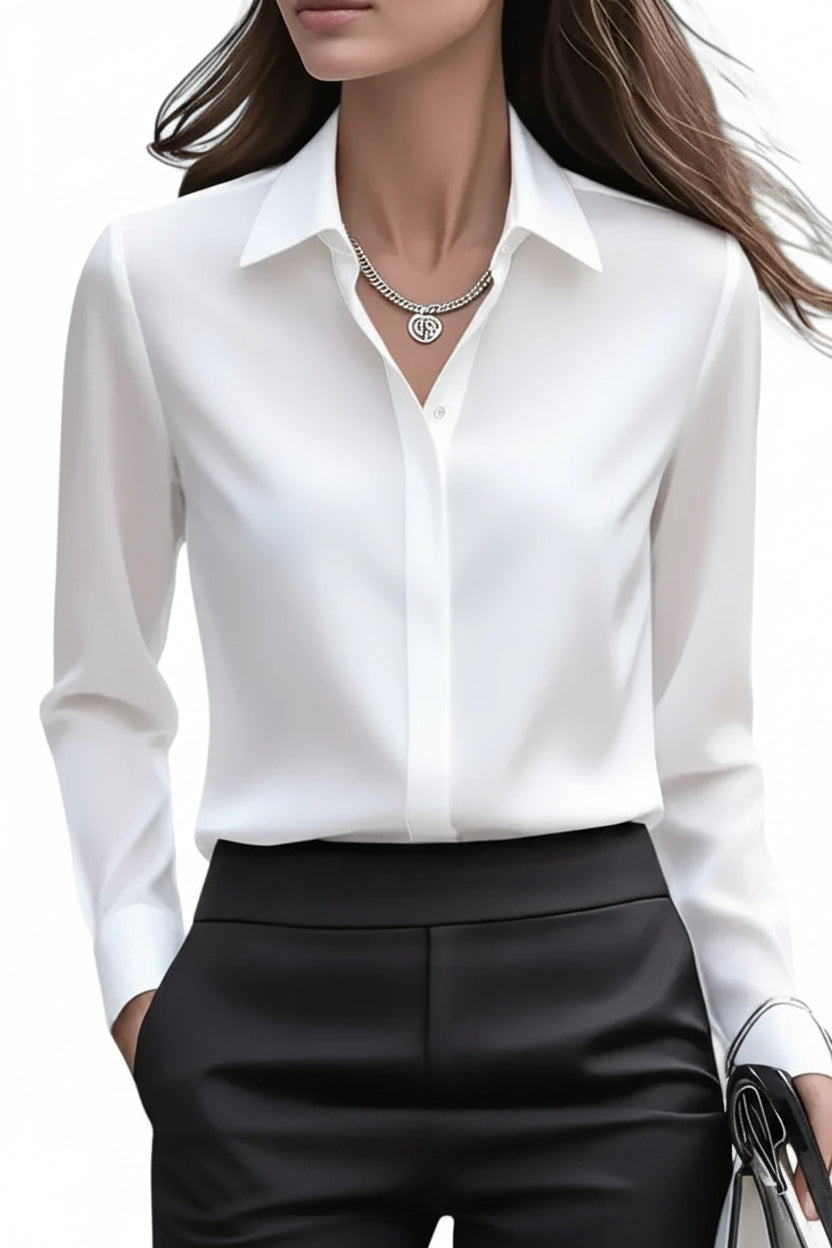 Women's Navy Satin Button-Down Blouse with Concealed Placket