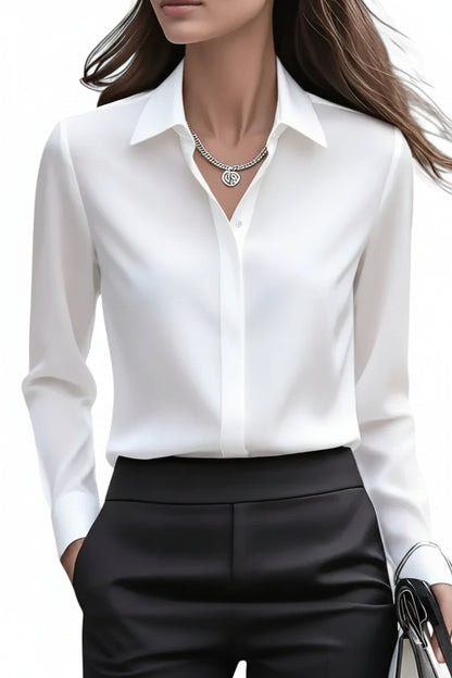 Women's Navy Satin Button-Down Blouse with Concealed Placket