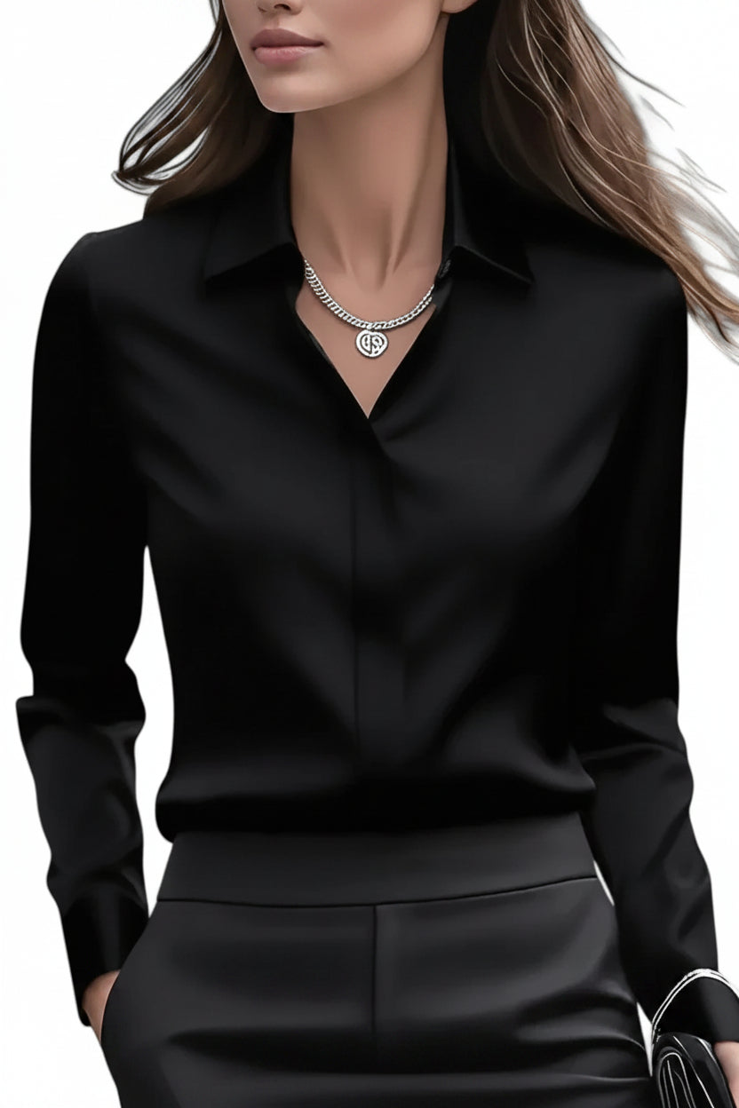 Women's Navy Satin Button-Down Blouse with Concealed Placket