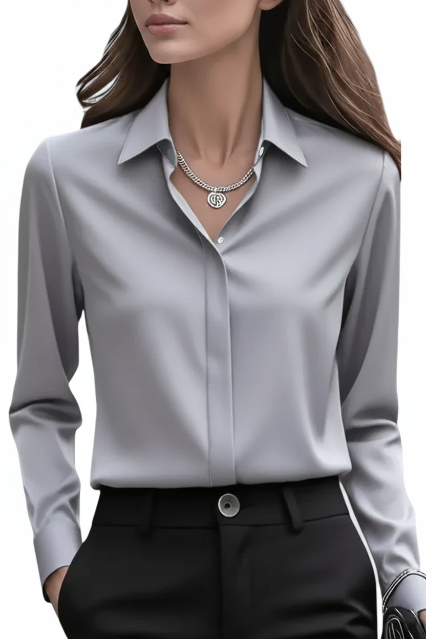 Women's Navy Satin Button-Down Blouse with Concealed Placket