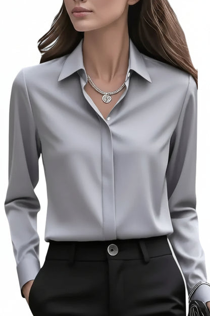 Women's Navy Satin Button-Down Blouse with Concealed Placket