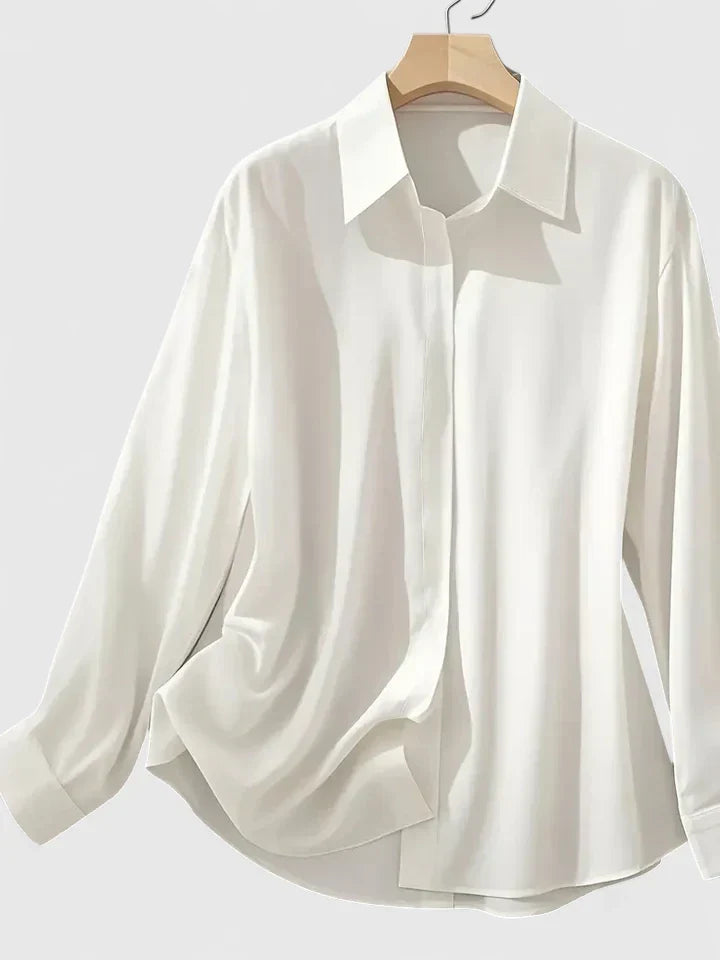 Women's Navy Satin Button-Down Blouse with Concealed Placket