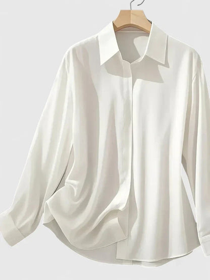 Women's Navy Satin Button-Down Blouse with Concealed Placket