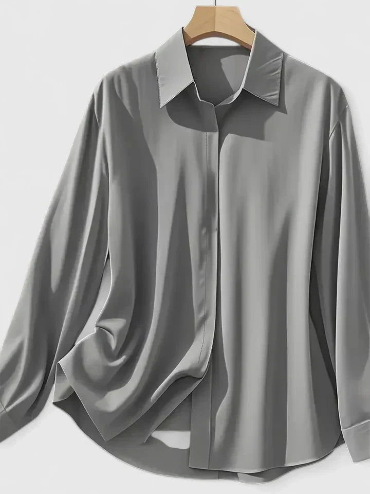 Women's Navy Satin Button-Down Blouse with Concealed Placket