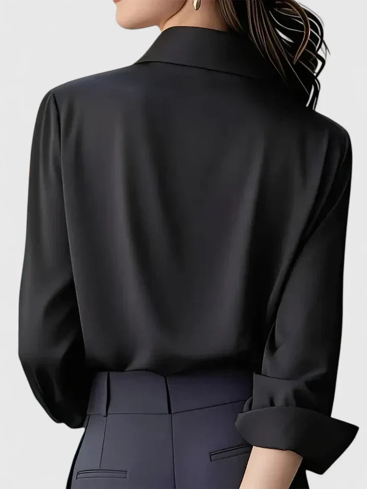 Women's Navy Satin Button-Down Blouse with Concealed Placket