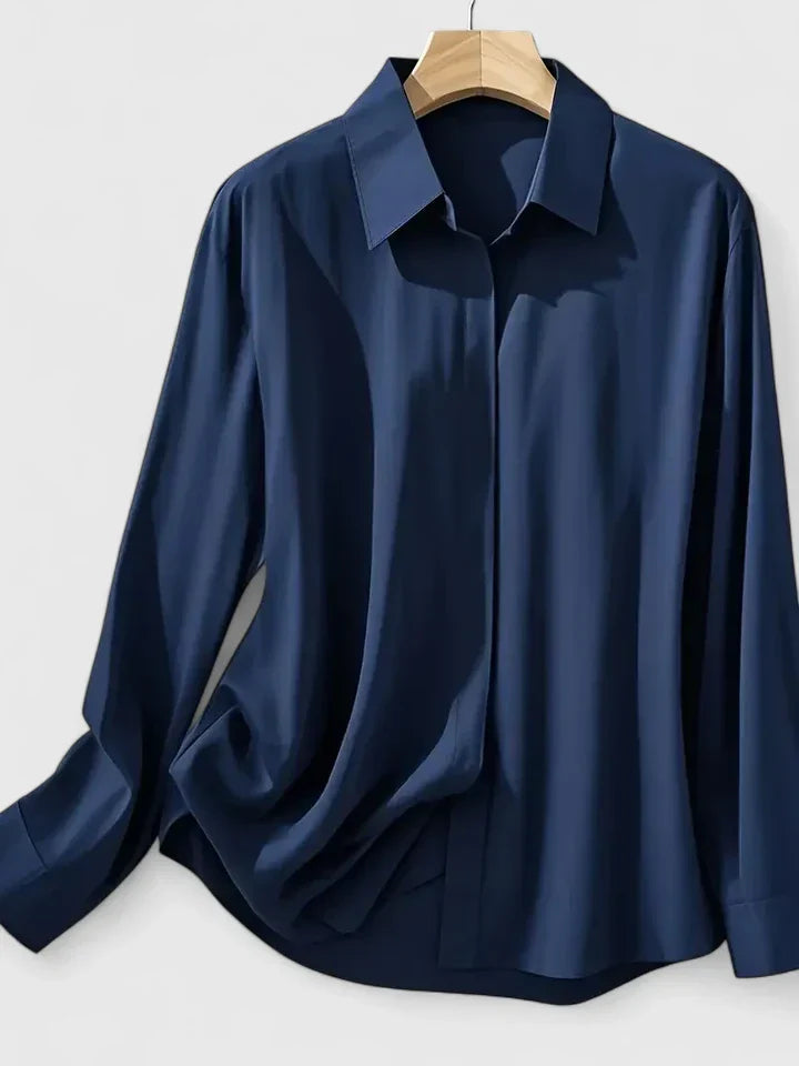 Women's Navy Satin Button-Down Blouse with Concealed Placket