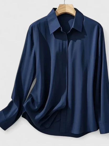 Women's Navy Satin Button-Down Blouse with Concealed Placket