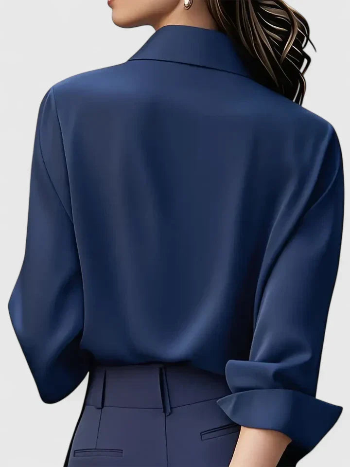 Women's Navy Satin Button-Down Blouse with Concealed Placket