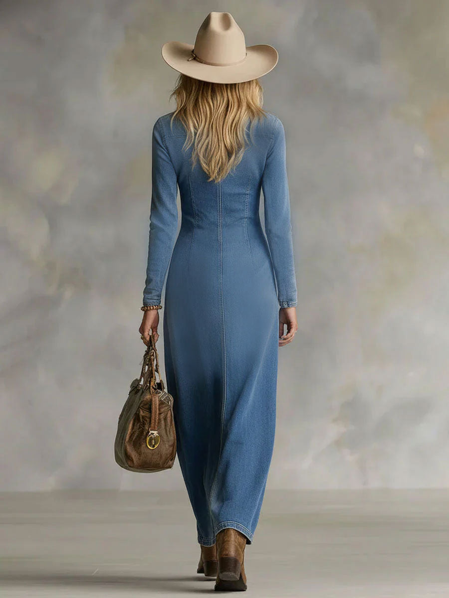 Elegant V-Neck Long-Sleeve Denim Maxi Dress