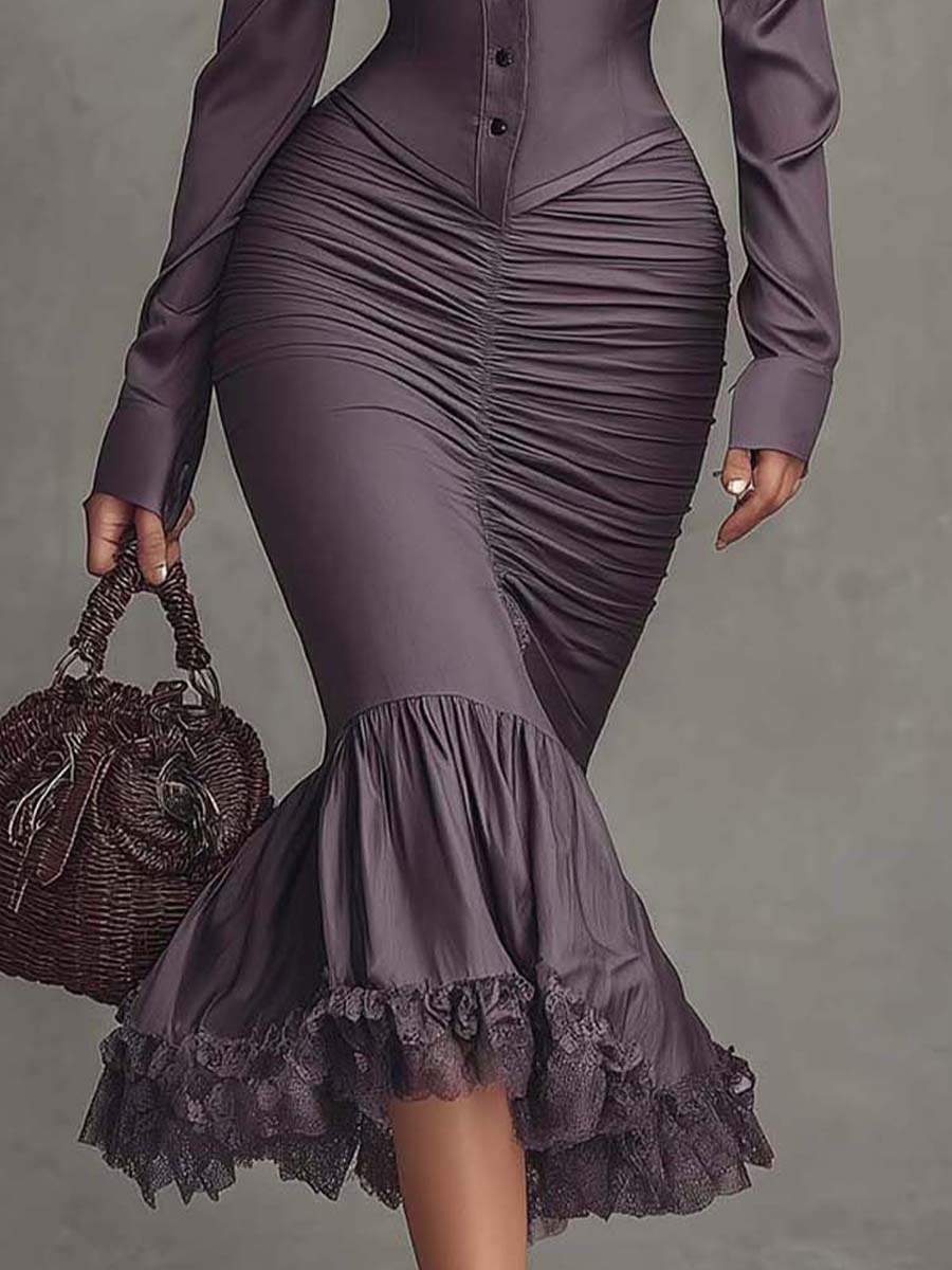 Women's Soft Draping Lace-Trim Midi Dress
