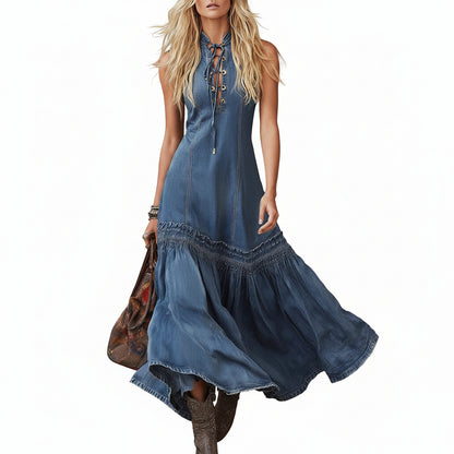 Elegant Vintage Sleeveless Denim Dress