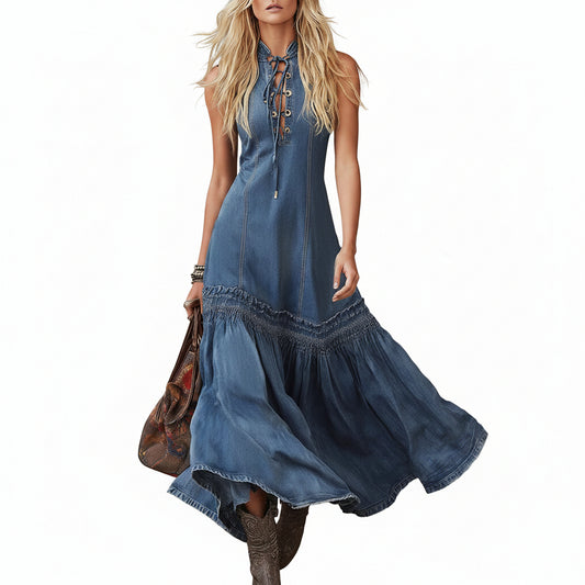 Elegant Vintage Sleeveless Denim Dress