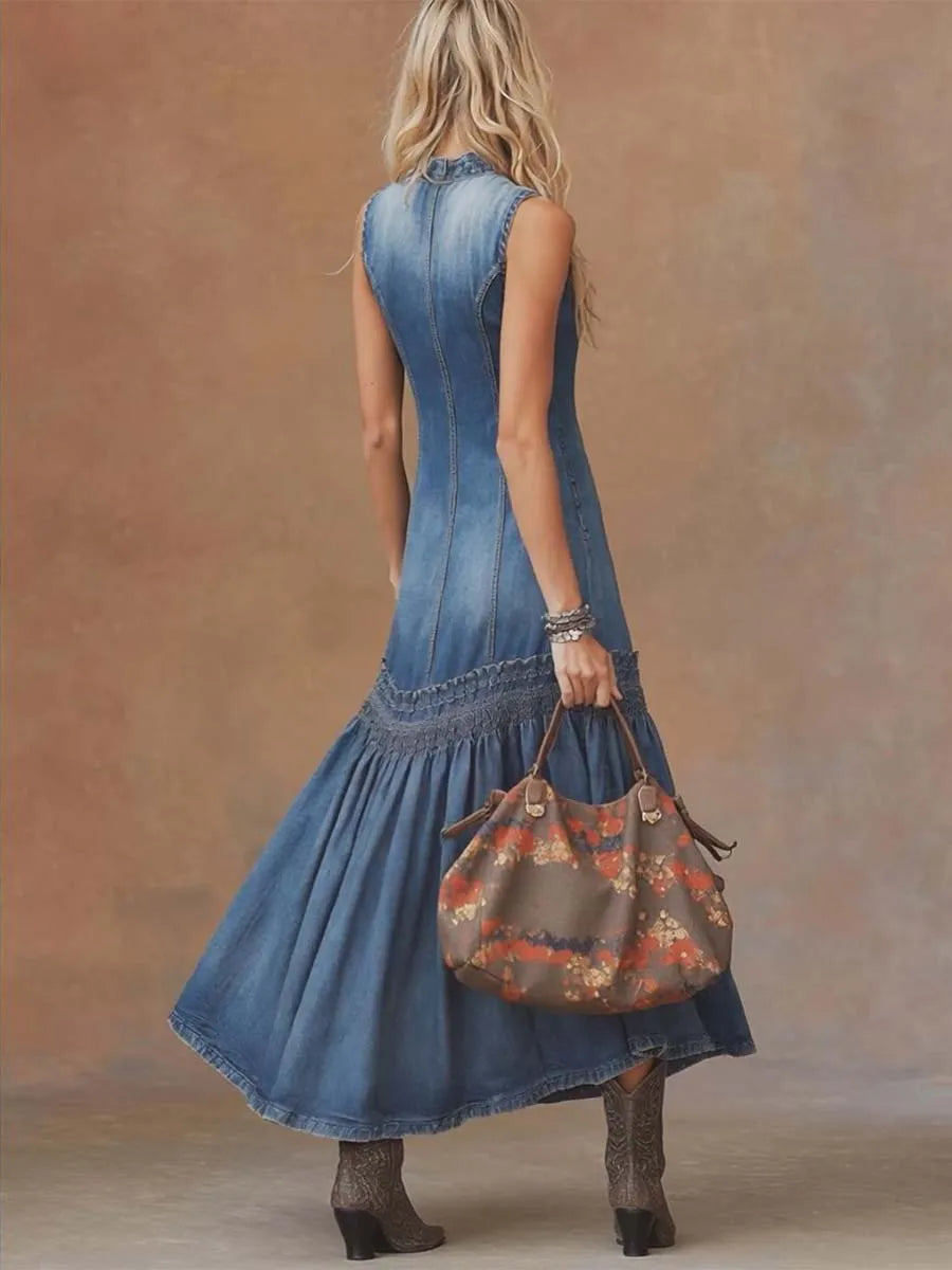 Elegant Vintage Sleeveless Denim Dress