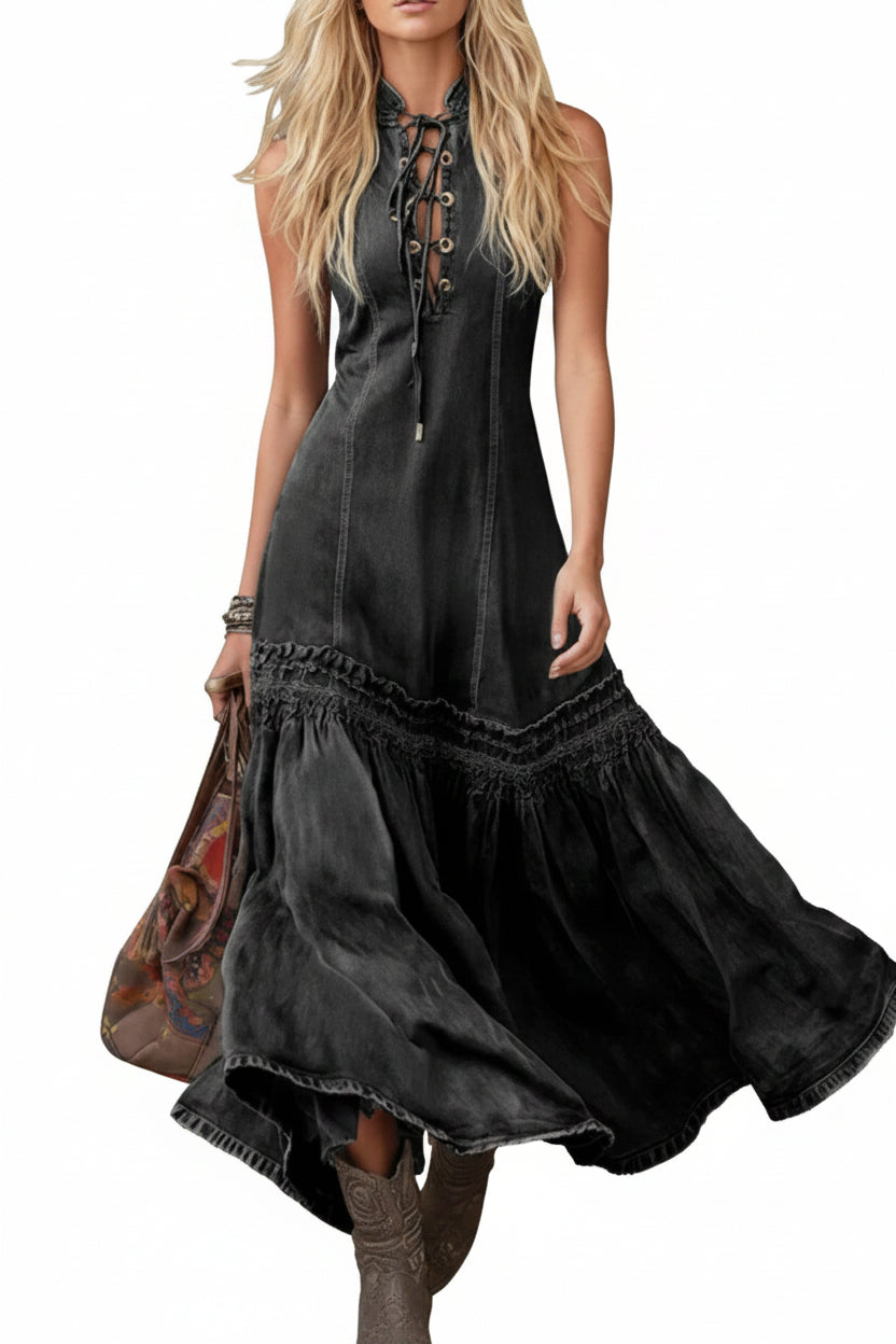 Elegant Vintage Sleeveless Denim Dress