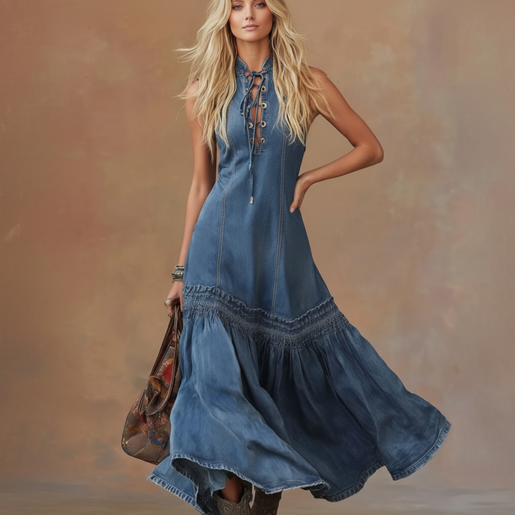 Elegant Vintage Sleeveless Denim Dress