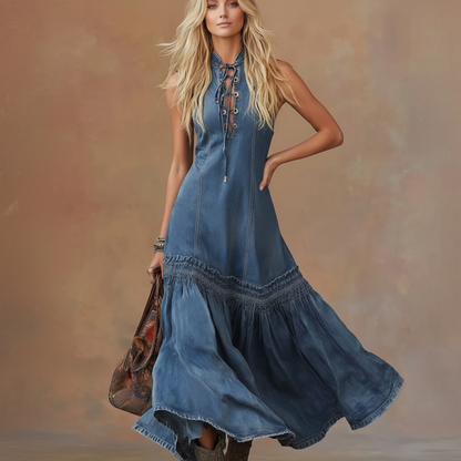 Elegant Vintage Sleeveless Denim Dress